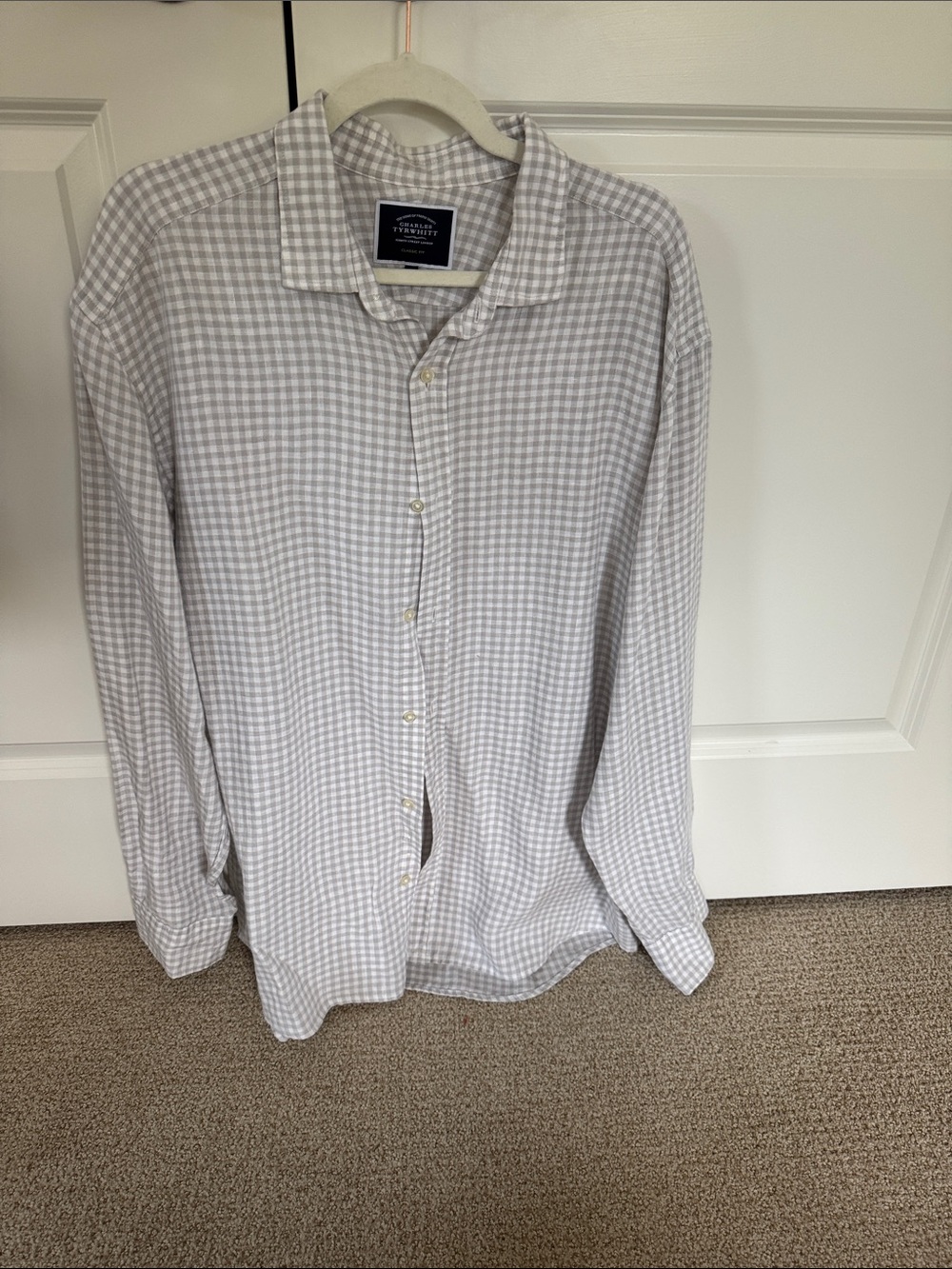 Charles Tyrwhitt Men's Light Greige Gingham Button-Down Shirt